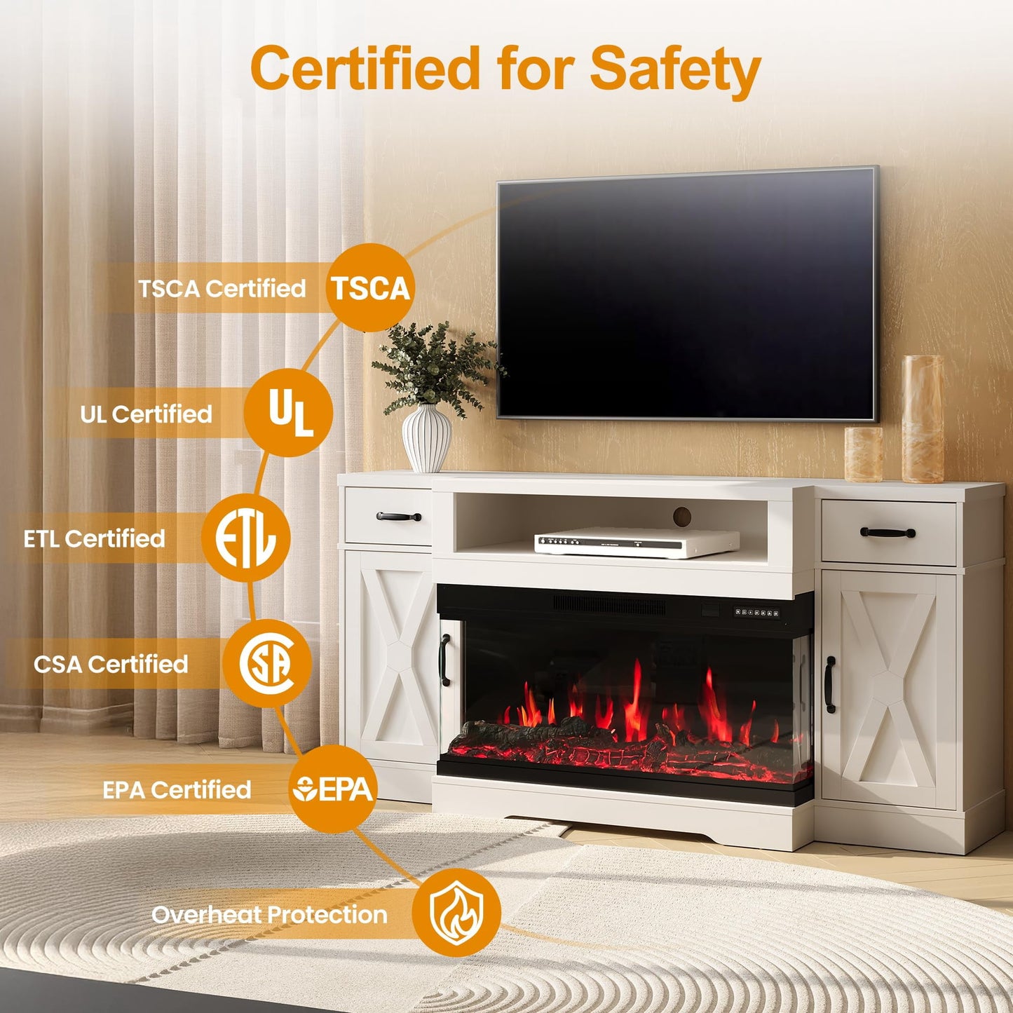 Heynemo TV Stands with 36'' Fireplace for TVs up to 75'', Media Console Table with Adjustable Shelves, Double-door Design, Entertainment Center for Living Room, Bedroom, White