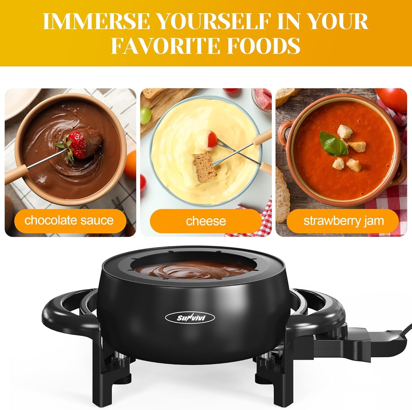 Electric Fondue Pot Set 3 Quart Fondue Set for Melting Chocolate Cheese with 8 Color-Coded Forks