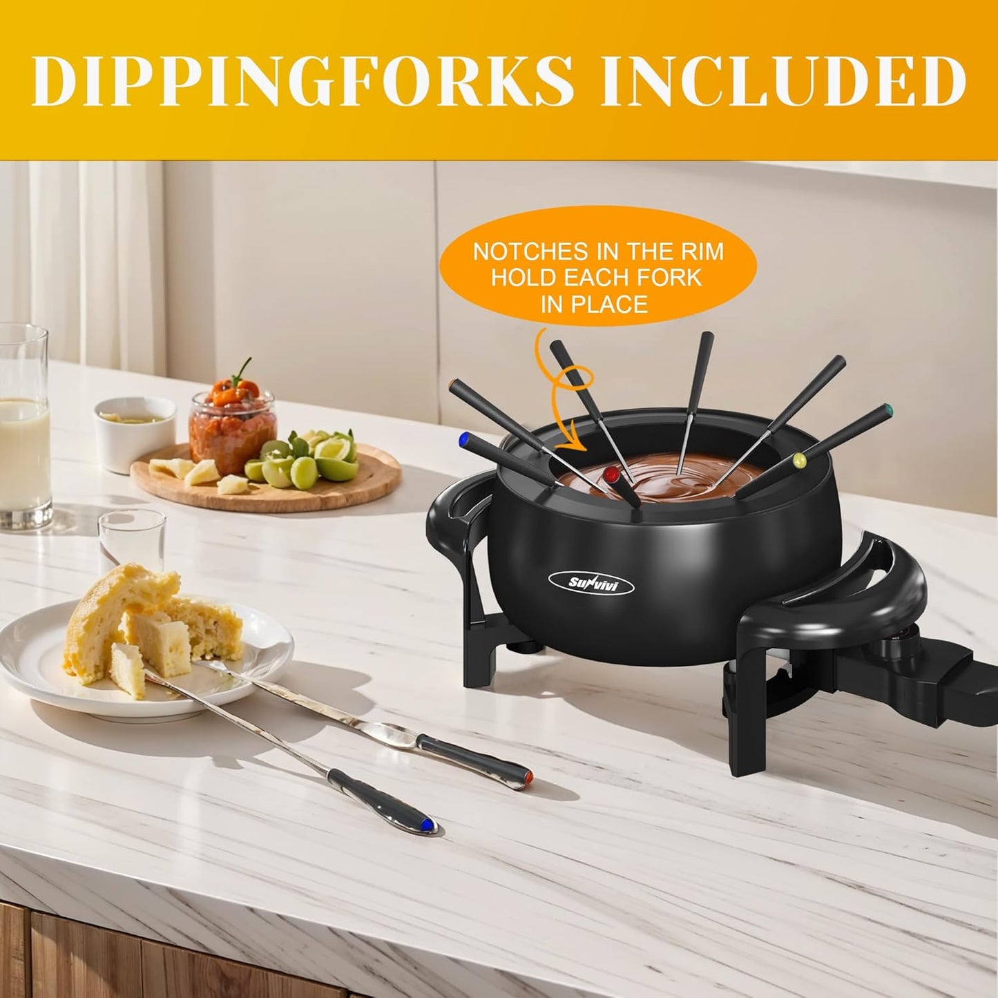 Electric Fondue Pot Set 3 Quart Fondue Set for Melting Chocolate Cheese with 8 Color-Coded Forks