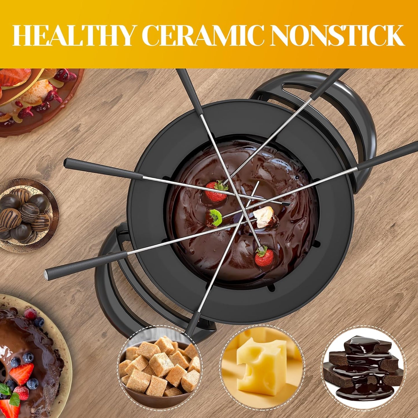 Electric Fondue Pot Set 3 Quart Fondue Set for Melting Chocolate Cheese with 8 Color-Coded Forks