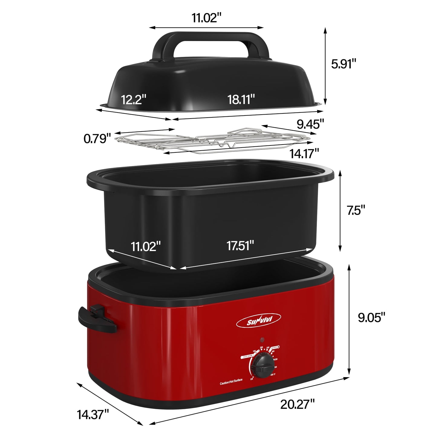 Sunvivi 24 Quart Electric Turkey Roaster Oven with Visible Glass Lid,Removable Pan & Rack, Stainless Steel,Red-2