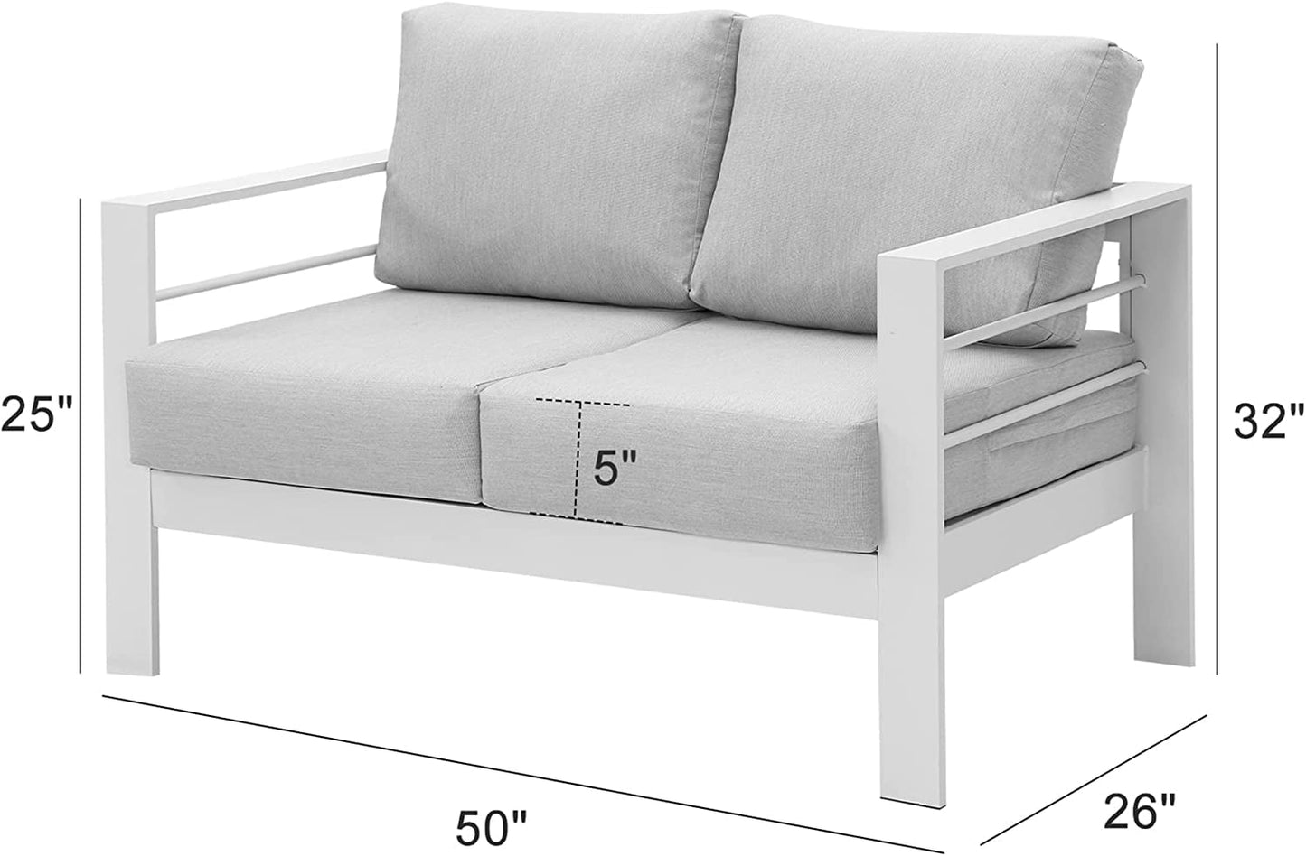 Superjoe Outdoor 2 Seats Patio Aluminum Loveseat Furniture, All-Weather Sofa Couch White Metal Chair with Cushions, Light Grey