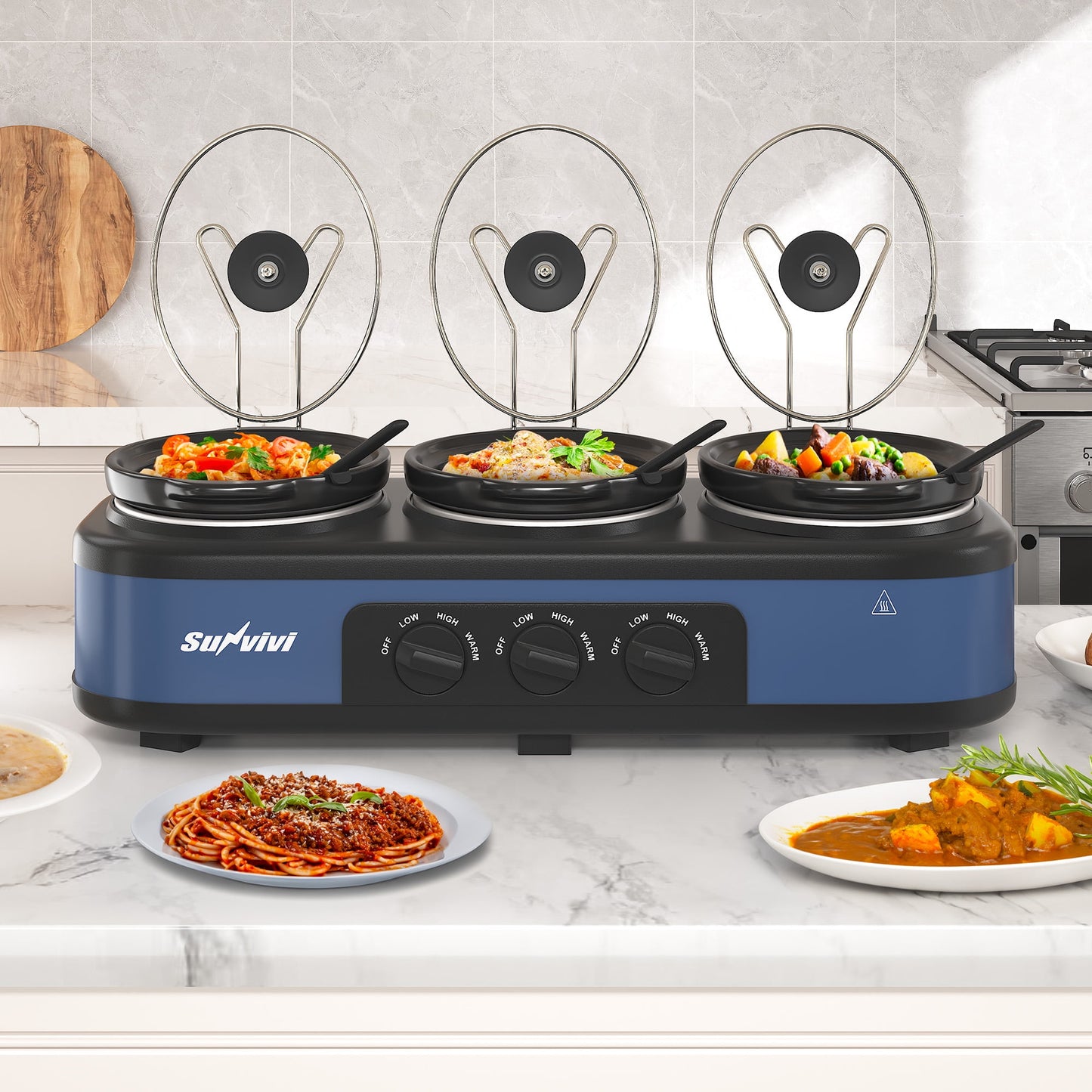 Sunvivi 3-in-1 Crock Pot Slow Cooker, 4.5QT Buffet Server and Food Warmer with 3 Removable Ceramic Pots, Crockpot with 3 Spoons and Lid Rests for Parties, Picnics, Blue