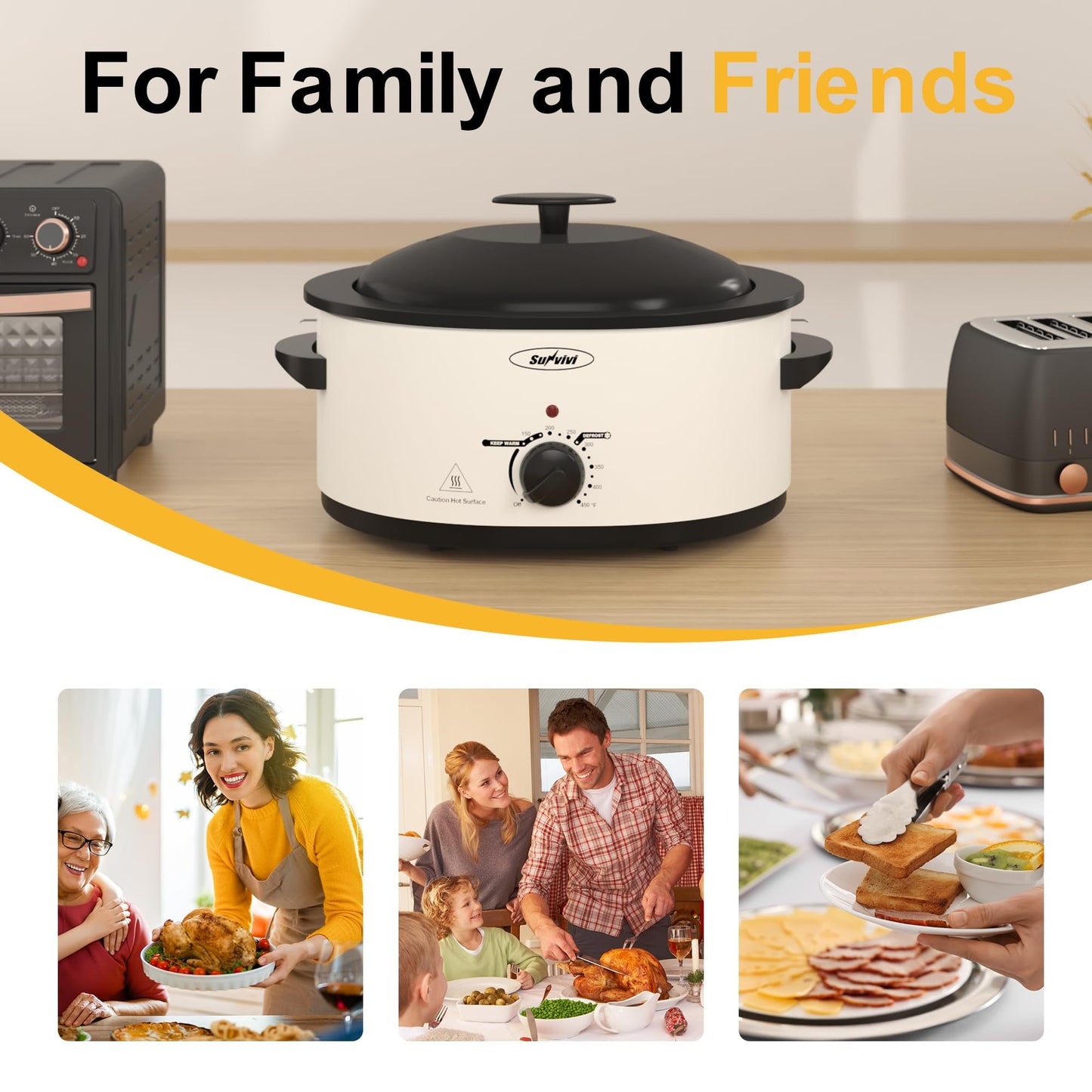 Sunvivi Roaster Oven with Self-Basting Lid, Electric 8-Quart Turkey Roaster Oven with Removable Pan and Rack, Stainless Steel, White