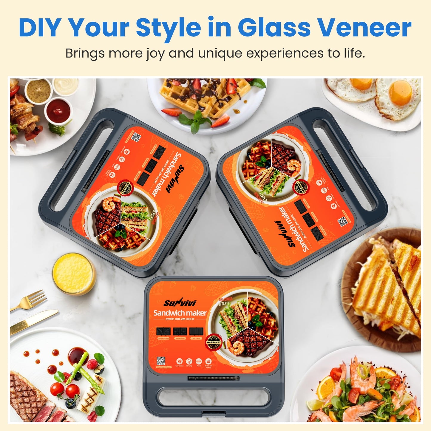 Heynemo 3-in-1 Electric Sandwich Maker Waffle Grill Panini Press 1000W Non-Stick Removable Plates Blue