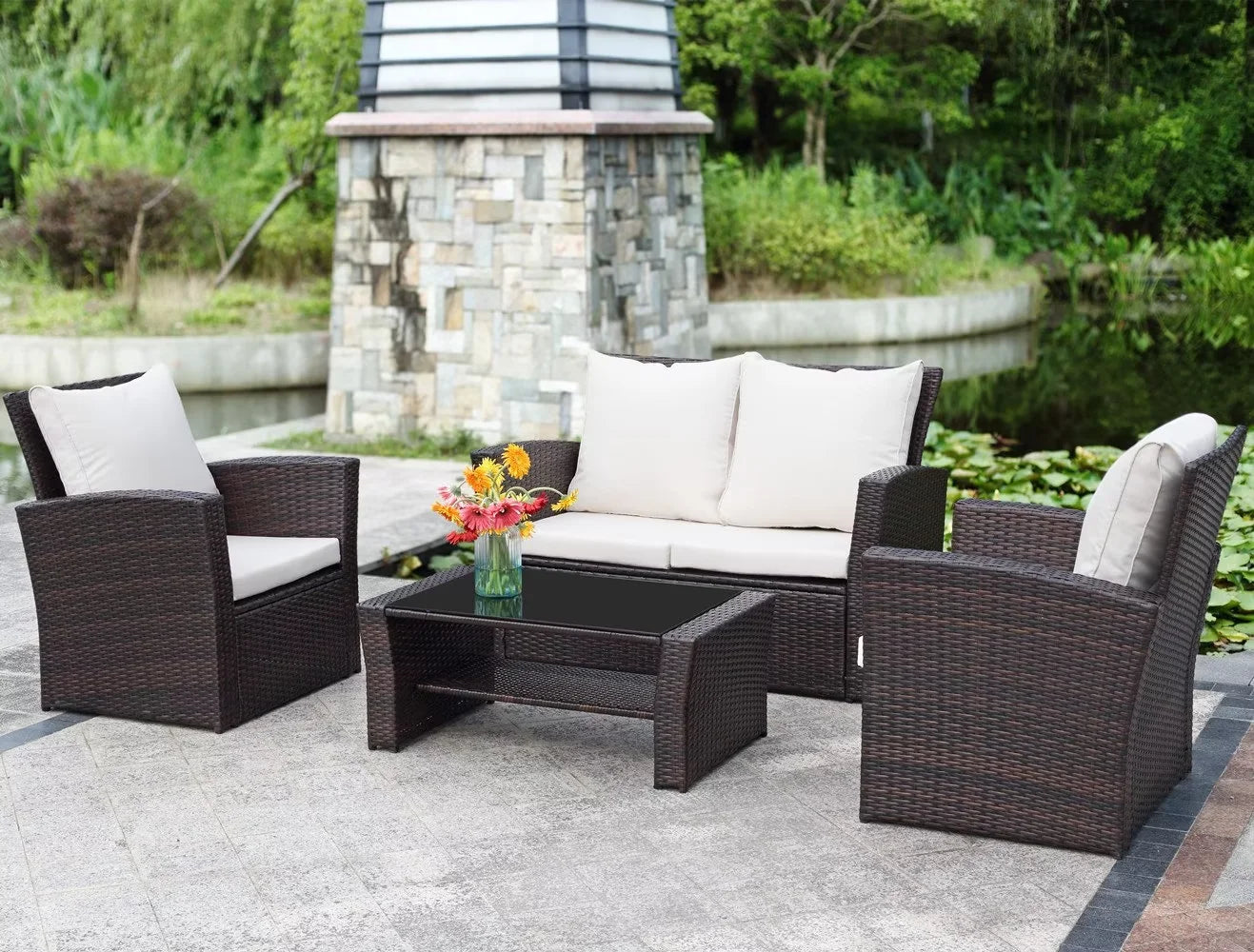 All-Weather Outdoor Patio Furniture Set - 4-Piece Wicker Rattan Sectional Conversation Set with Table and Cushions, Gray