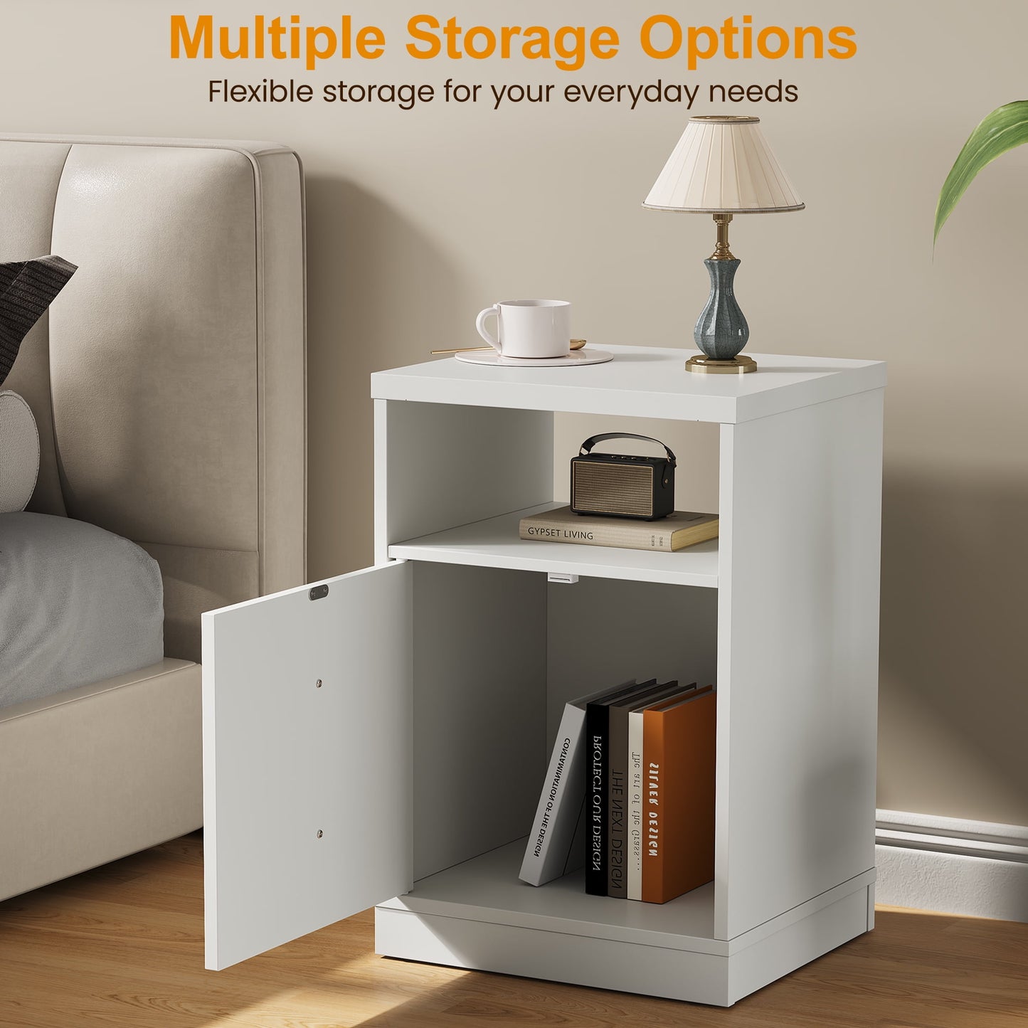 Heynemo white Nightstand with Storage Shelf & Door, Faux Drawer Design End Table, Compact Side Table for Bedrooms, Dorm Rooms & Small Spaces, Set of 2