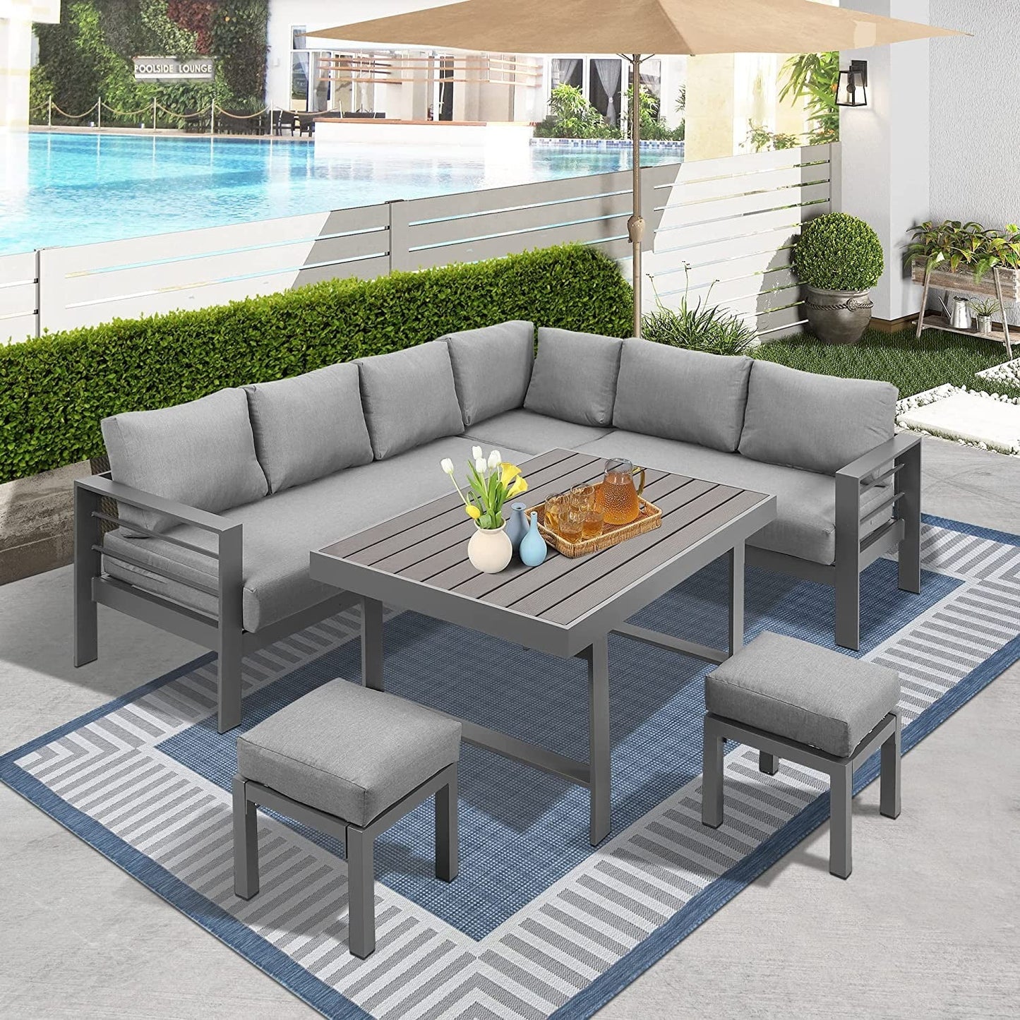 Heynemo Superjoe Aluminum Outdoor Patio Furniture Set, Metal Outside Conversation Sets with Dining Table&2 Ottomans, Sectional Sofa Couch Seating Set with Cushion for Backyard, Gray