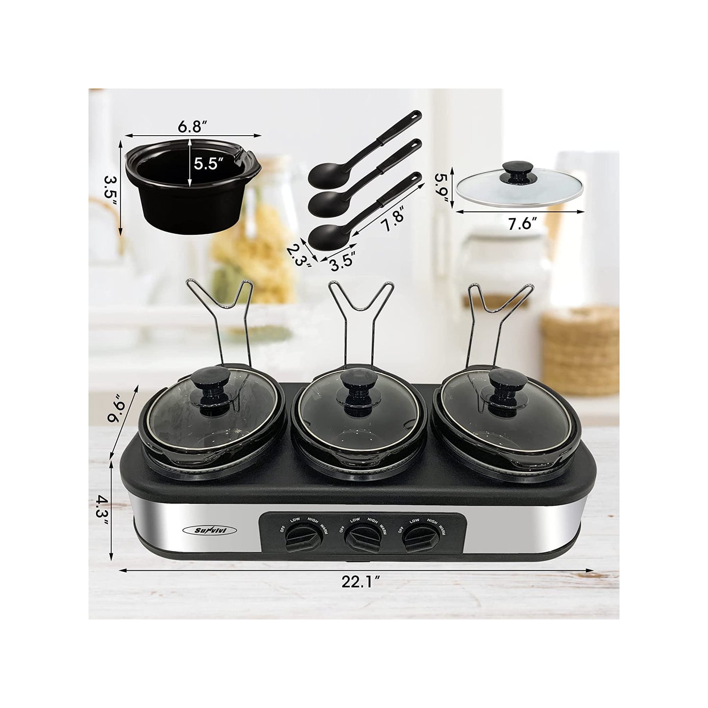 Superjoe Triple Slow Cooker 3x1.5 Quart Electric Food Warmer Pot Buffet Server, Adjustable Temp Removable Ceramic Pots Lid Rests