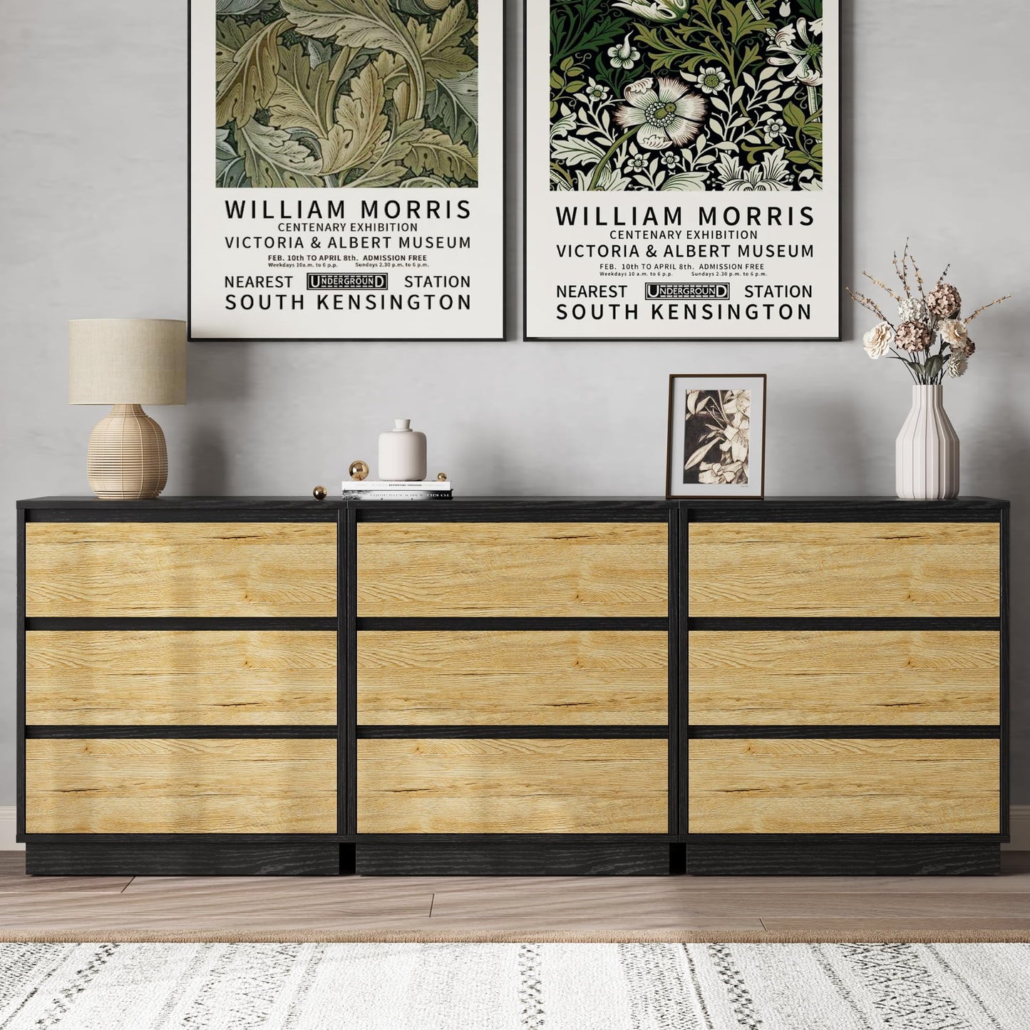 May in Color Wide Nightstand with 3 Drawers Set of 2, Black Large Nightstand for Bedroom, Home and Office, Black and Wood