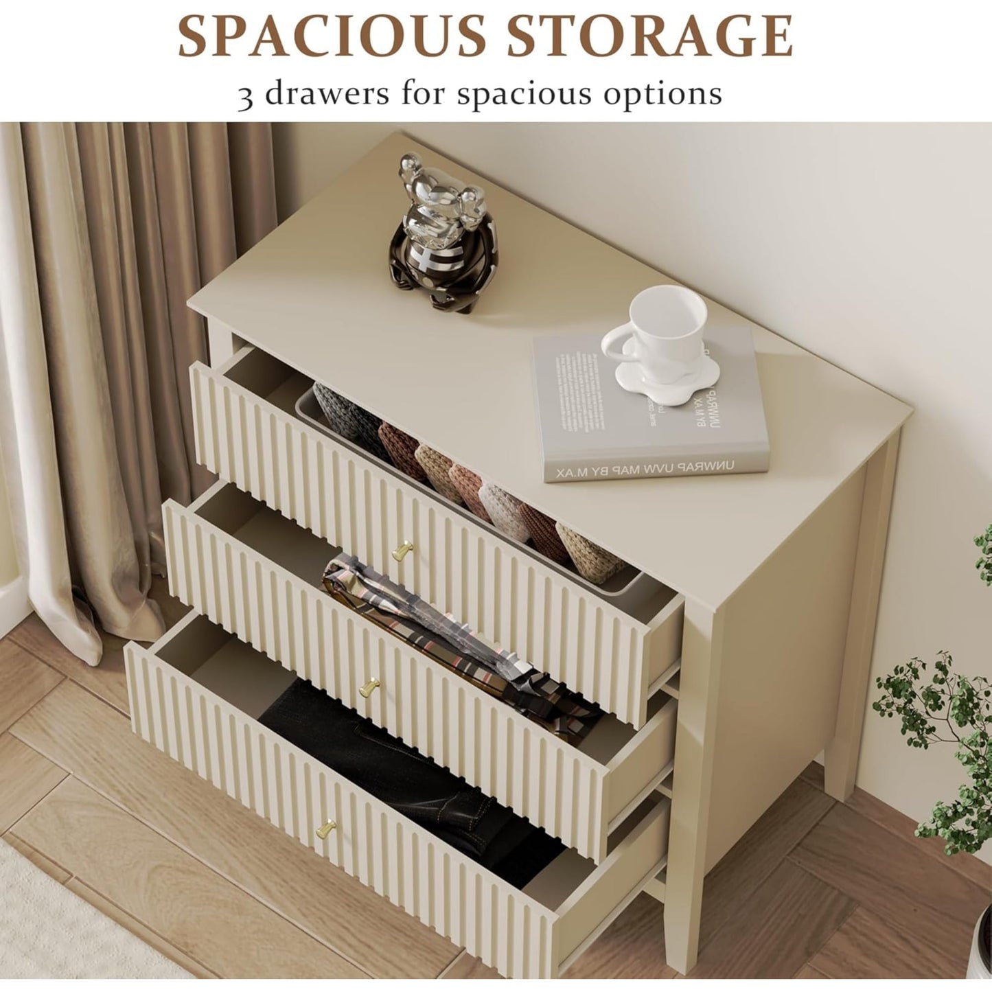 Heynemo Modern 3 Drawer Dresser, Nightstand with Ball Bearing Slide, Beige