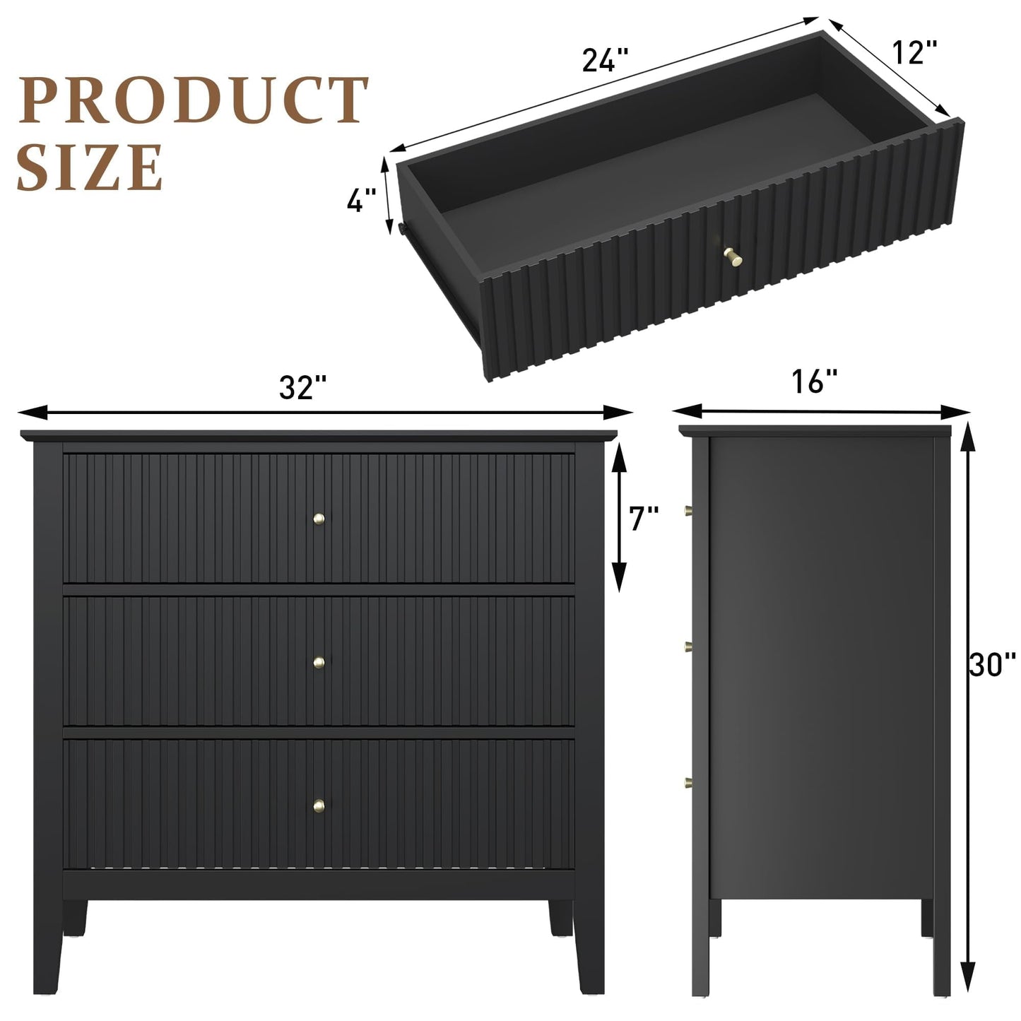 32" Black Fluted Dresser Nightstand, Wide Modern 3 Drawer Wooden Chest, Large Painted Storage Cabinet, for Bedroom, Closet, Hallway, Entryway