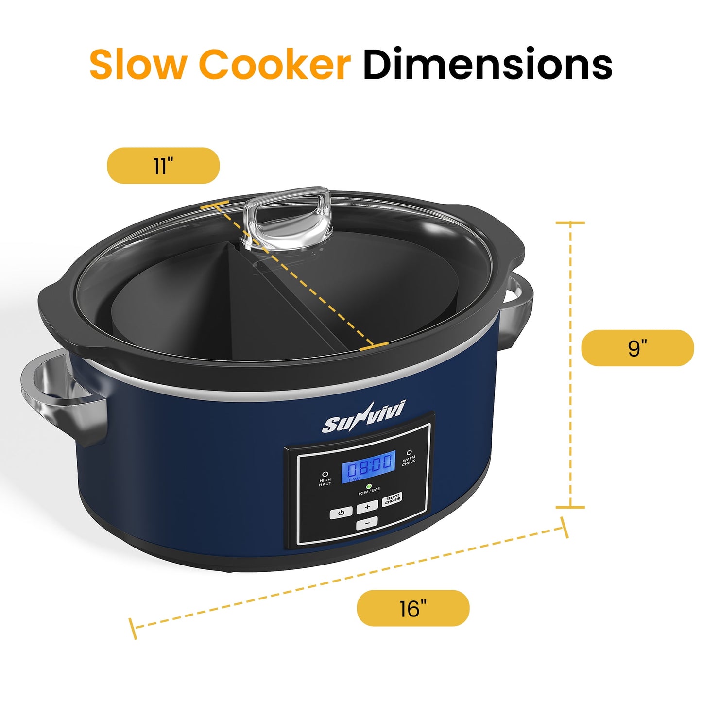 Sunvivi Programmable Slow Cooker with 2-in-1 Silicone Liners - Digital Timer - 7QT, Blue