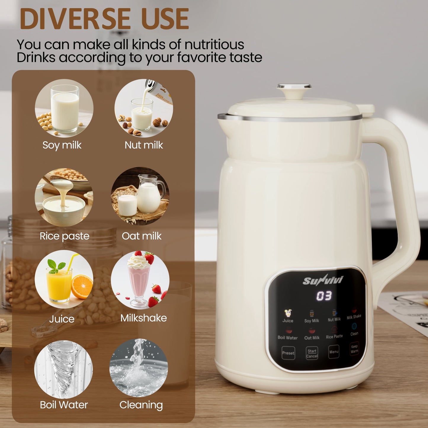 Heynemo 8-in-1 Nut Milk Maker, 60oz Soy Milk & Nut Milk Processor, Delay Start, Keep Warm, Self-Clean, Juice, Milkshake, Rice Paste