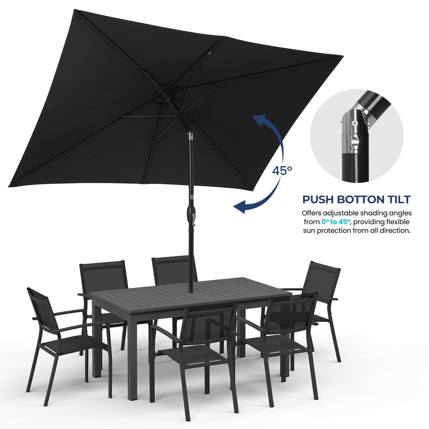Mayincolor 6.5 x 10 Ft Rectangular Patio Umbrella Aluminum Pole, Outdoor Table Market Umbrella with Crank, 6 Steel Ribs, Polyester Canopy, Black