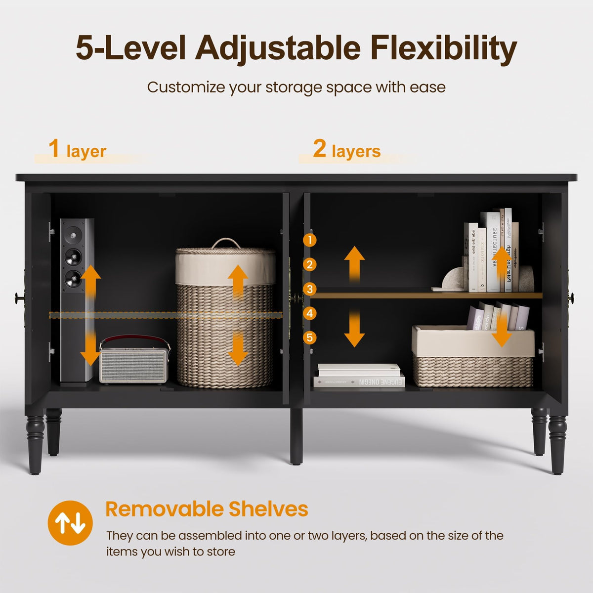 May in Color Buffet Sideboard Table Set of 2, 59'' Mid Century Modern Console Table, Media Cabinet with 4 Doors, Accent Cabinet Wood Sideboard, for Entryway, Living Room, Dining Room, Black