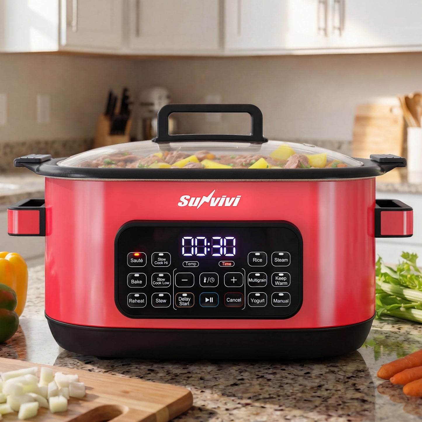 Heynemo 12-in-1 Digital Programmable Slow Cooker, 6.5 QT Large Multicooker, Multi-Cooker with Timer, Temp Control, Red