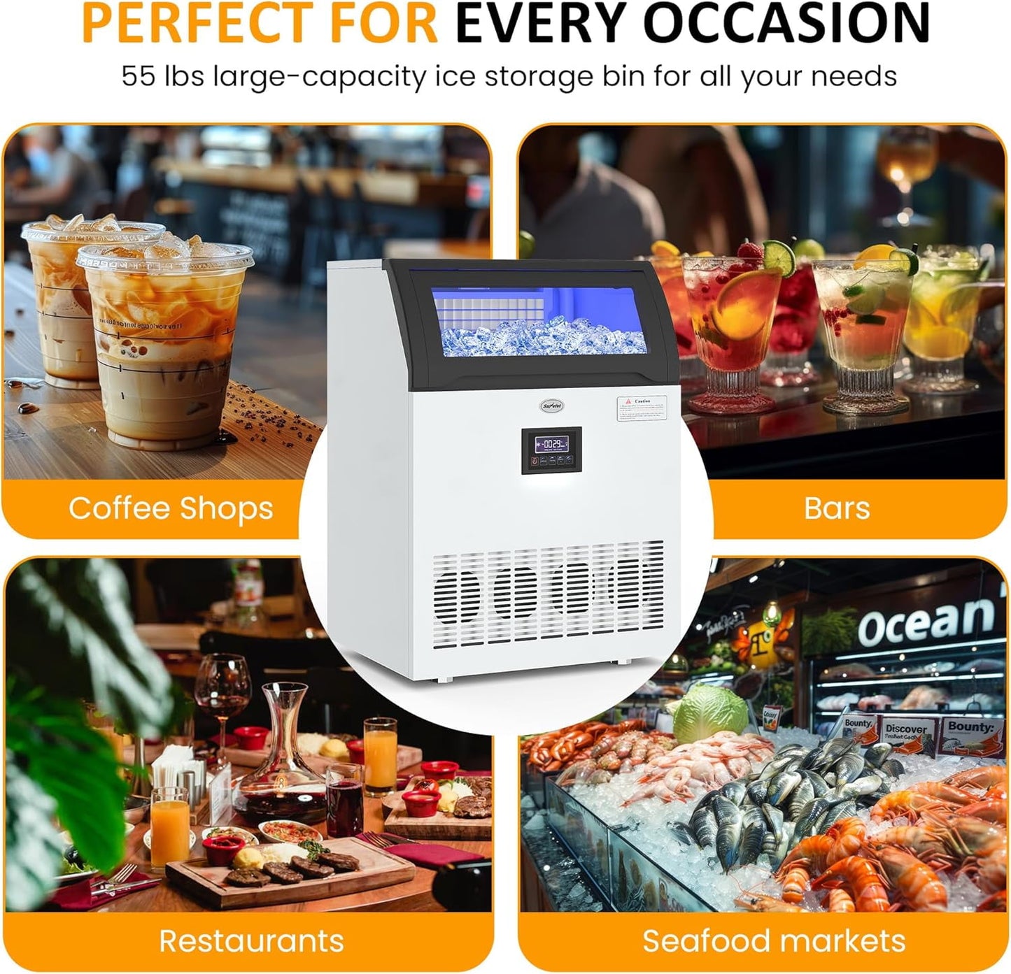 Heynemo Commercial Ice Maker Machine, 265LBS/24H, 55LBS Storage Bin, Stainless Steel Under Counter Ice Machine for Restaurants, Bars, and Home Use, Includes Water Filter, Scoop, and Hose