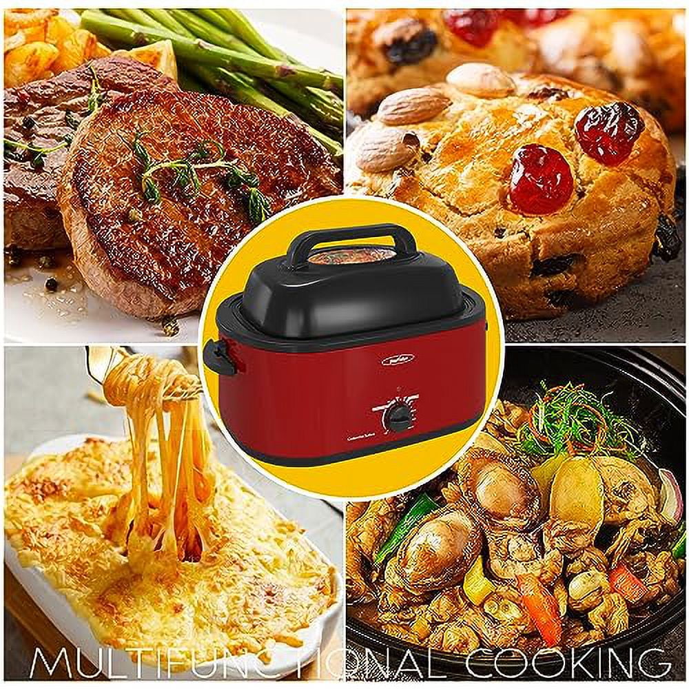 Sunvivi 22 Quart Electric Turkey Roaster Oven with Visible Glass Lid,Removable Pan & Rack, Stainless Steel,Red-1