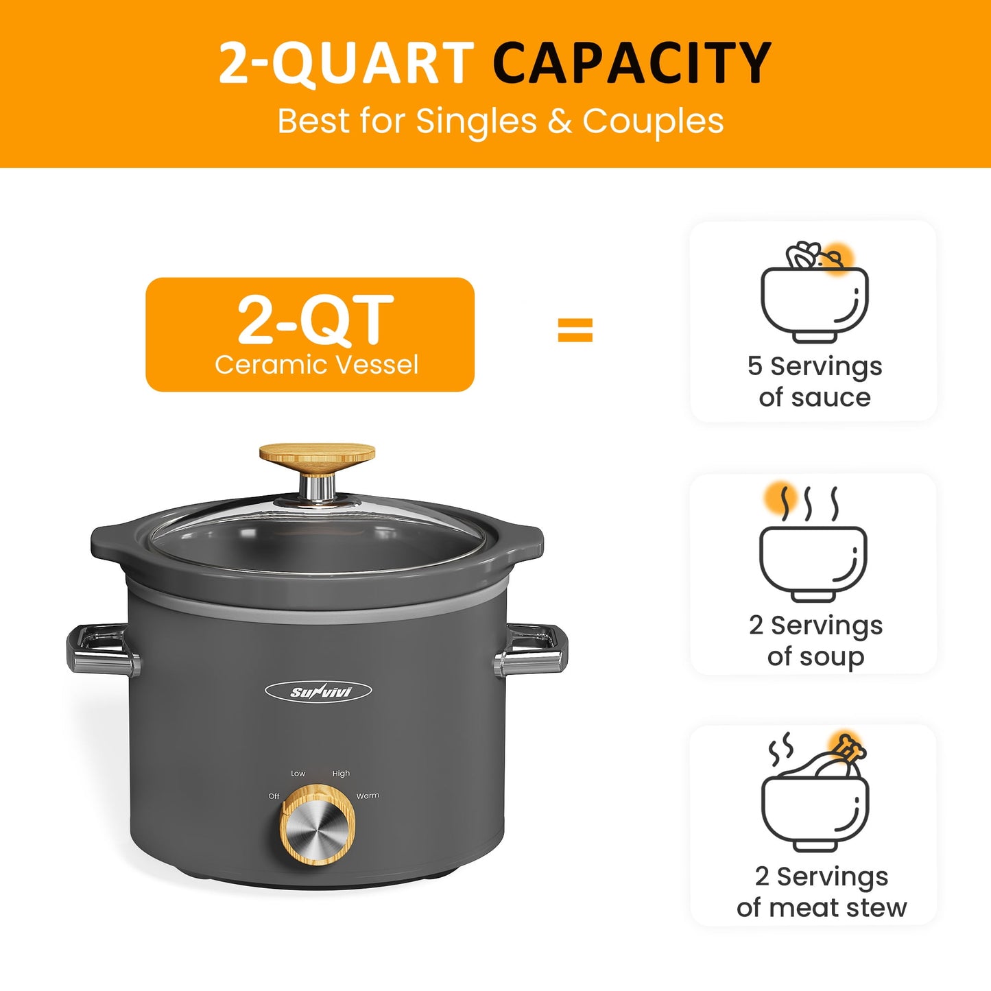 Sunvivi 2 Quart Slow Cooker with Removable Ceramic Pot and 3 Heating Settings, Grey