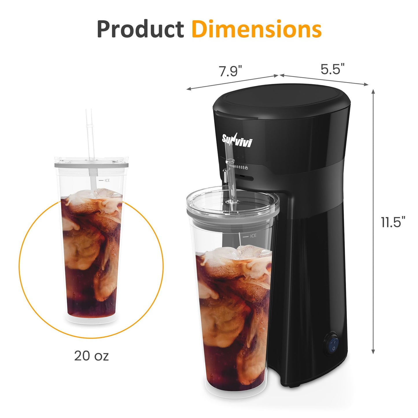 Sunvivi Single Serve Coffee and Iced Tea Maker with Reusable Filter, Cold Brew Ice Coffee Maker