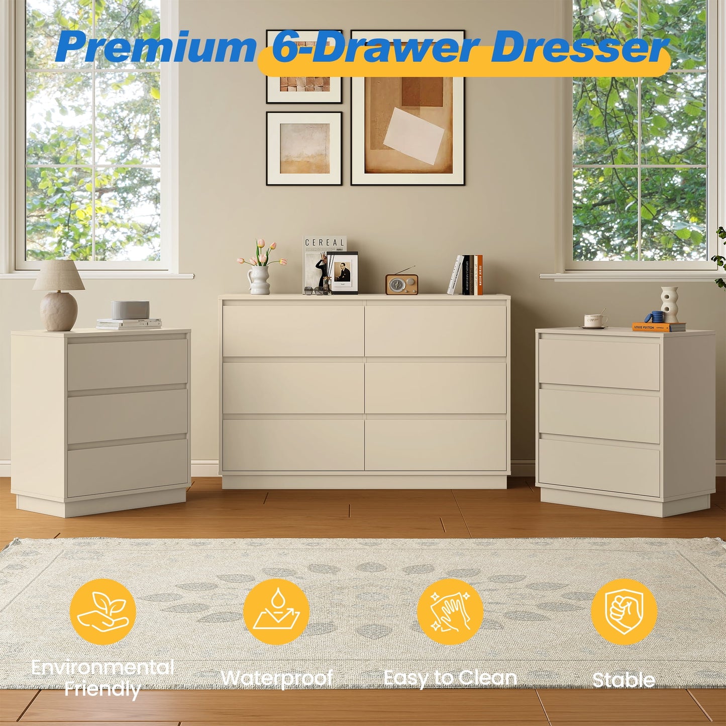 May in Color 6 Drawer Dresser with Charging Station for Bedroom, Beige