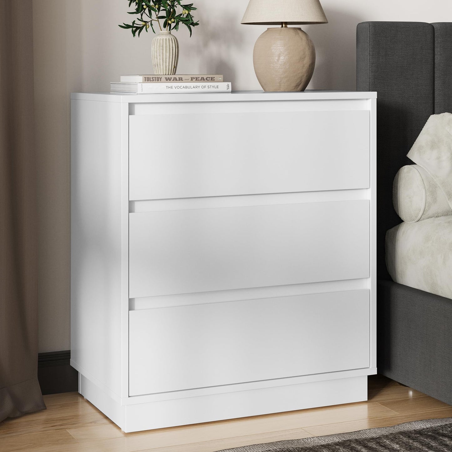 May in Color White Nightstand Set of 3, Bedroom End Table with 3 Drawers, Bedside Table