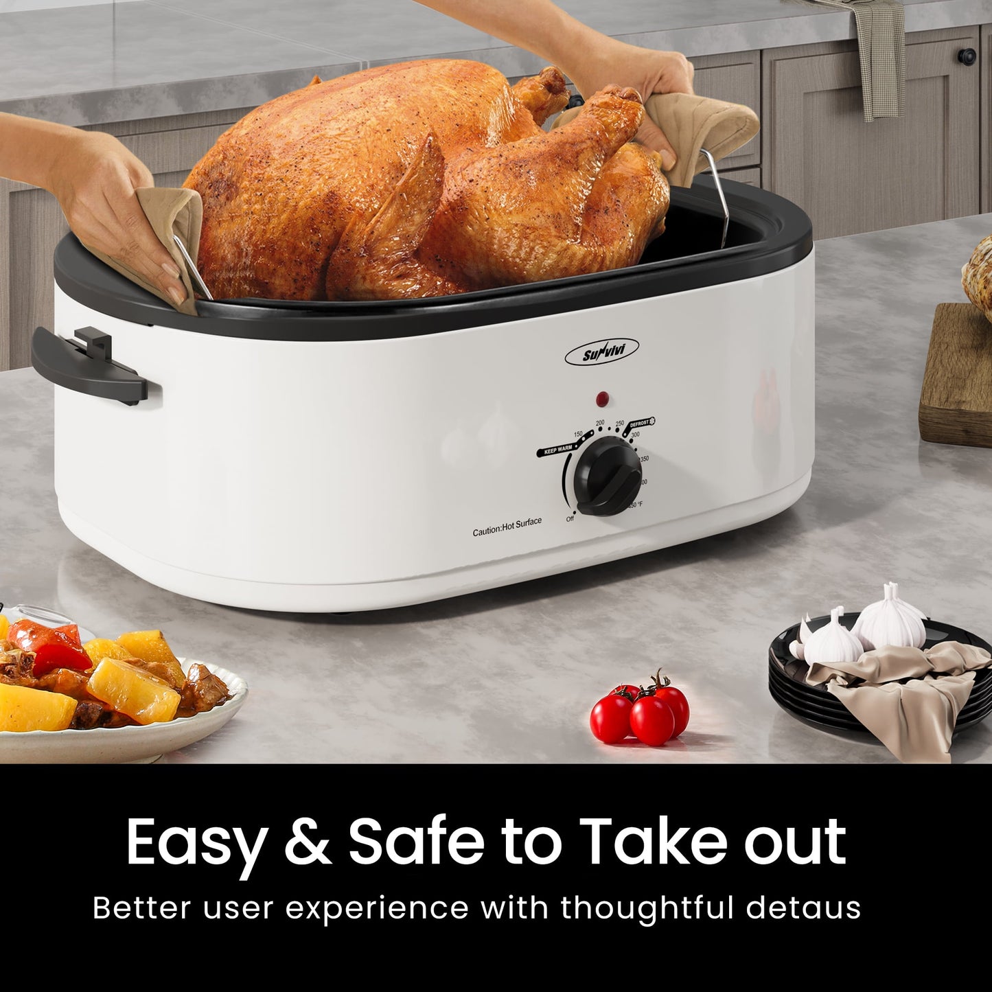 Sunvivi Roaster Oven with Self-Basting Lid, 18qt Electric Roaster with Removable Pan & Rack, Turkey Roaster Oven with Defrost & Warm Function, Stainless Steel, White