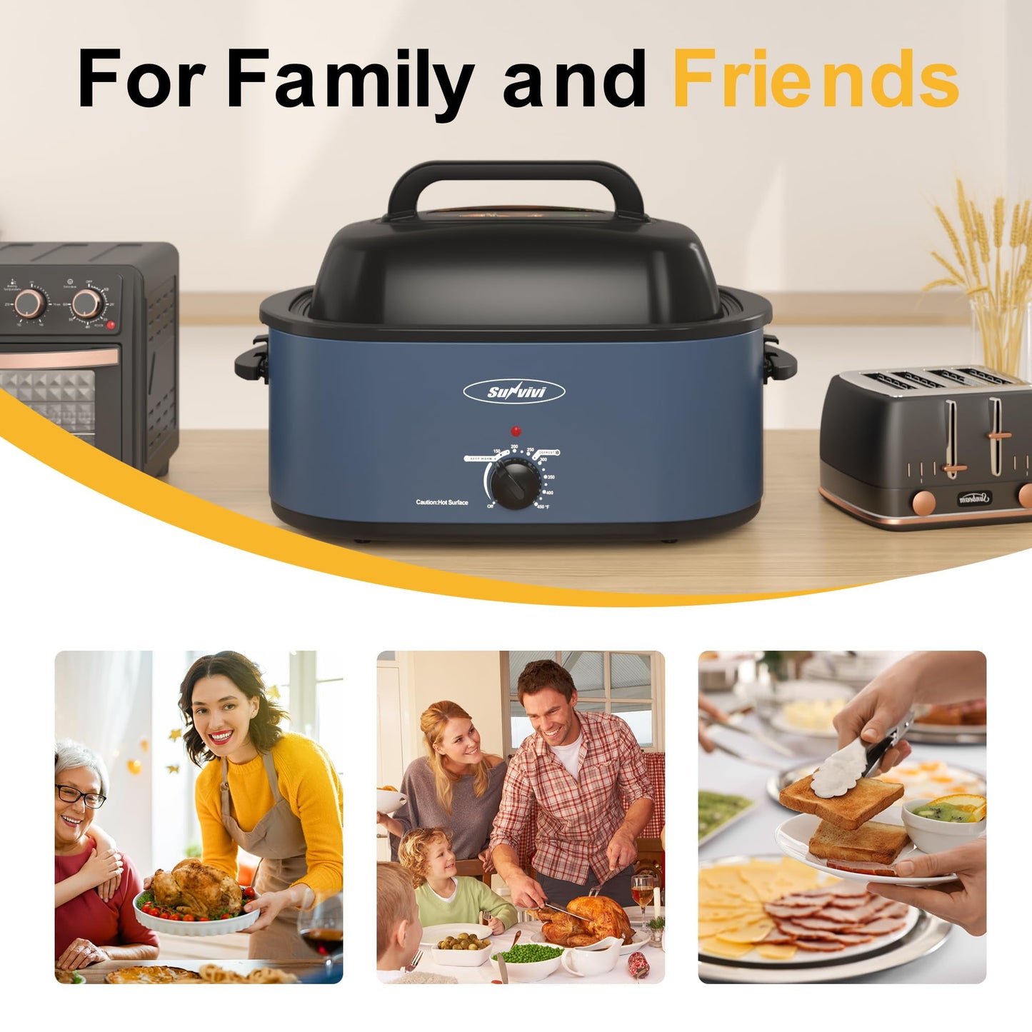 Heynemo 26-Quart Electric Roaster Oven with Viewing Lid, Defrost/Warm Function, Blue