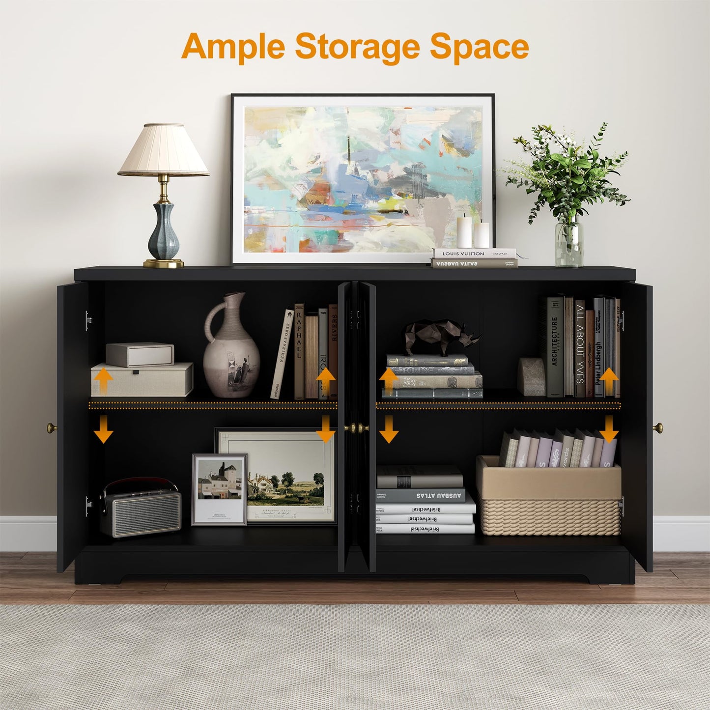 Heynemo Sideboard Buffet with Storage Cabinet, 56'' Modern Sideboard with 4 Doors and Adjustable Shelves, Accent Cabinet Coffee Bar Cabinet for Entryway, Dining Room, Living Room, Black