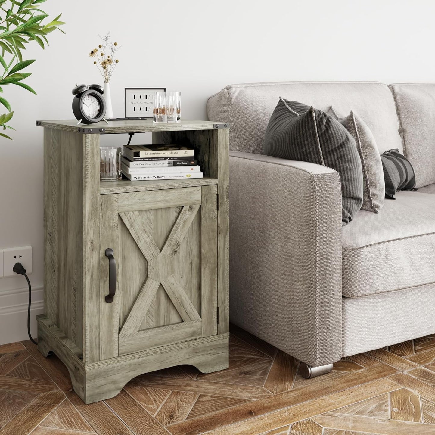 Mayincolor Rustic Charging Station Wood Nightstand End Table, Light Grey