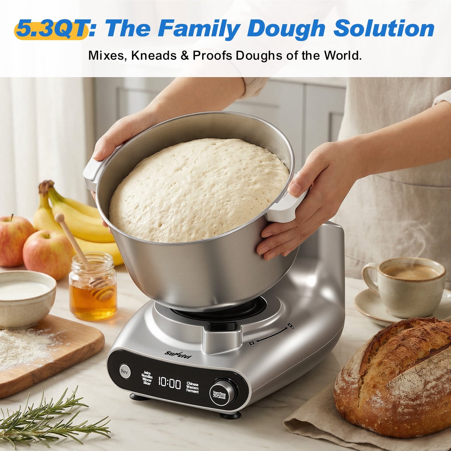 Sunvivi 4-in-1 Stand Mixer 5.3QT with Fermentation, Electric Dough Mixer with Juicer, Meat Grinder & Salad Maker
