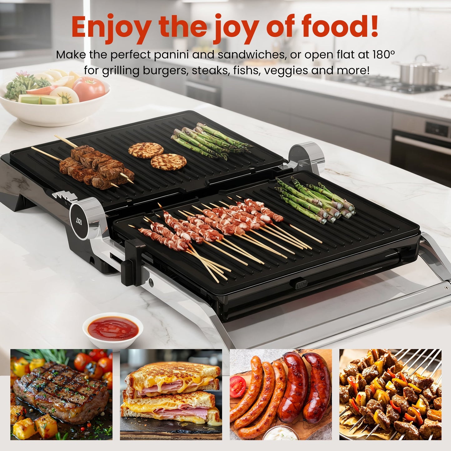Sunvivi 3-in-1 Electric Indoor Grill & Griddle, 1600W Panini Press Sandwich Maker with 180¡ã Flat Open, Nonstick Plates, Locking Lid