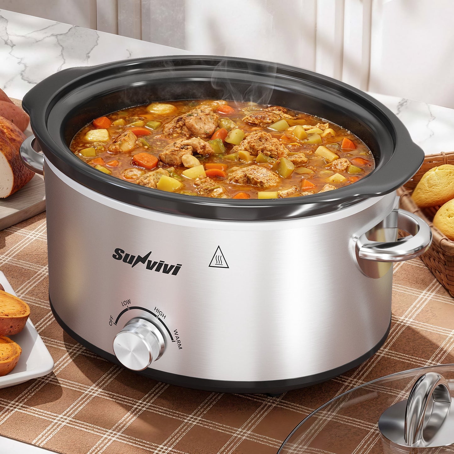 SUNVIVI Small Slow Cooker 4QT, Mini Food Warmer with 3 Heating Settings, Removable Ceramic Pot, Dishwasher Safe Glass Lid, Stainless Steel