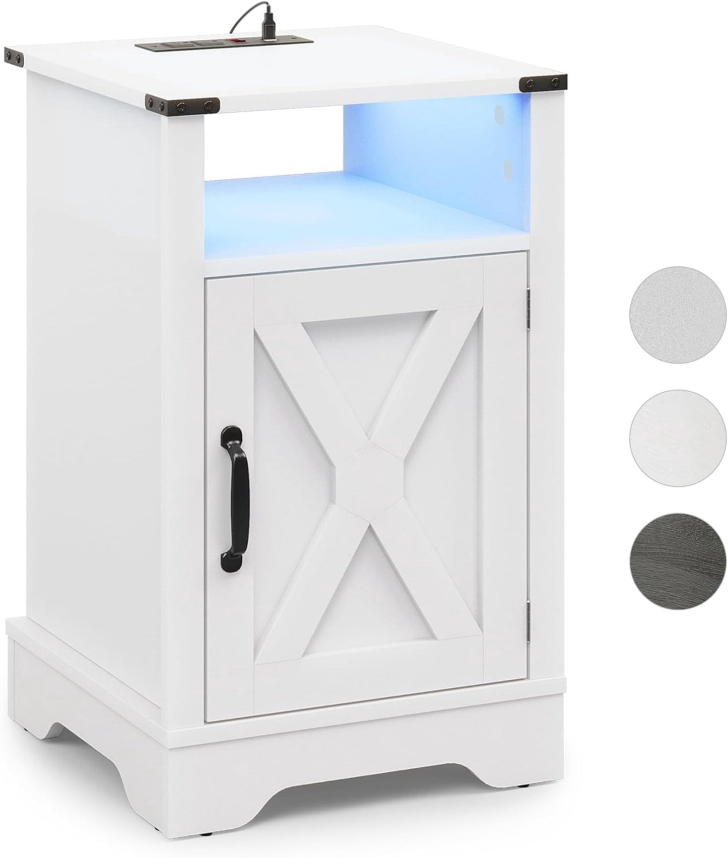 Superjoe LED Nightstand Set of 1 with Charging Station, Bedside Table with Storage Cabinet and Shelf, Rustic End Table, Farmhouse Wooden Side Table, for Bedroom, Living Room, White