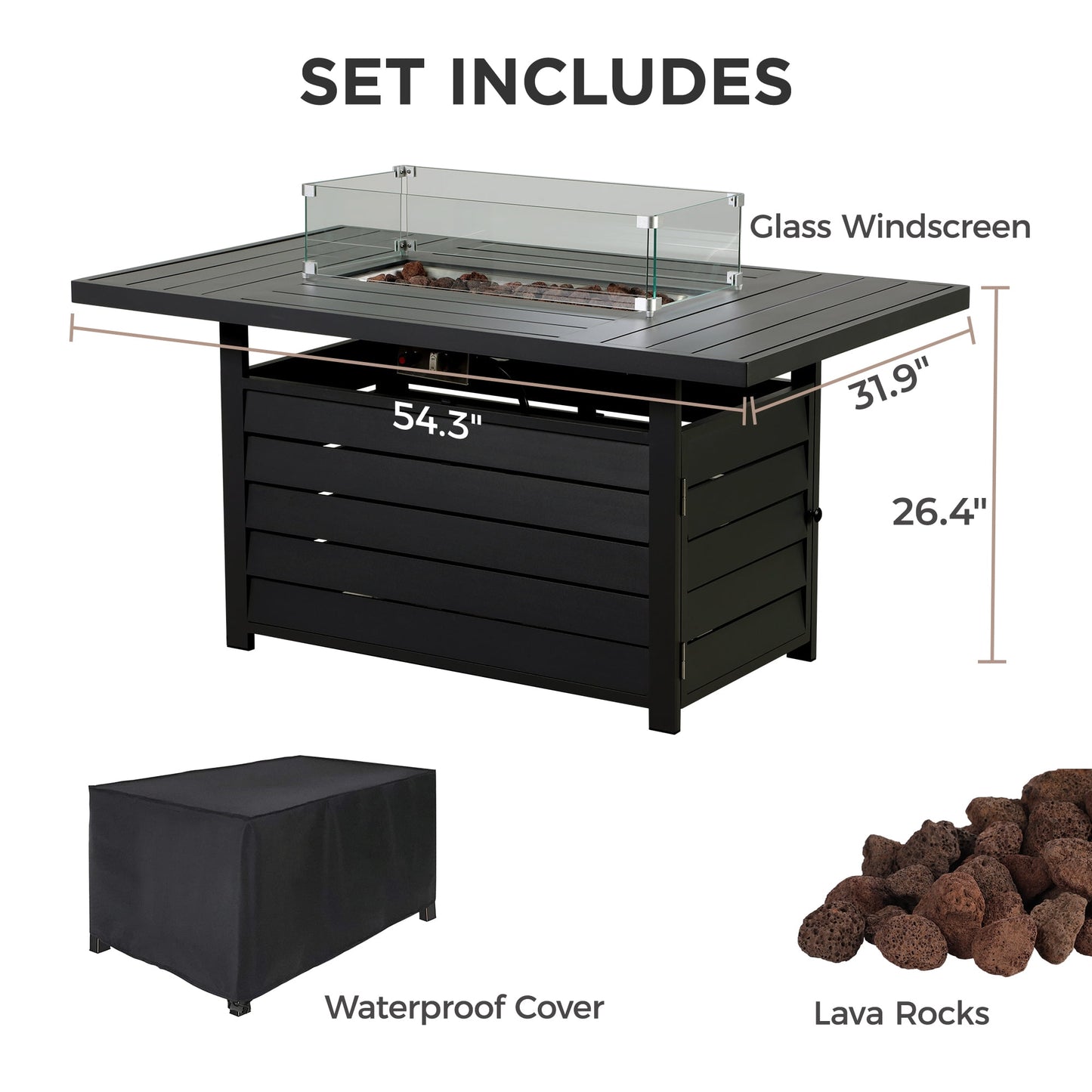 Superjoe 54” Rectangular Propane Fire Pit Table with Stainless Burner Waterproof Cover
