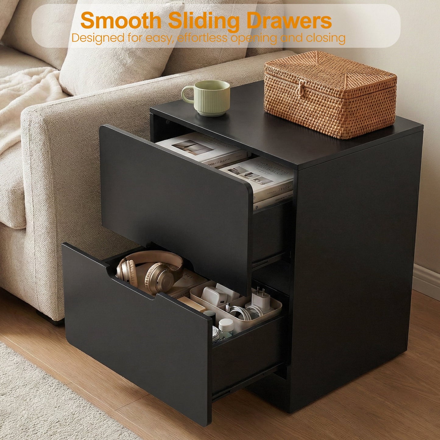 Heynemo Handless Nightstand with 2 Drawers, Modern End Table for Bedroom, Living Room, Hallway, Black