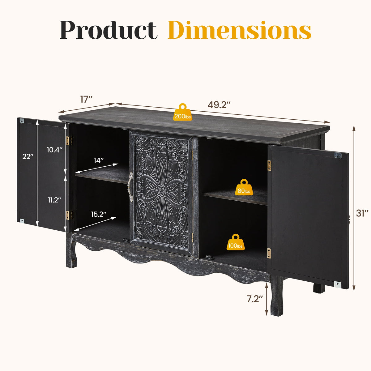 Heynemo Vintage Sideboard Buffet Cabinet with 3 Carved Doors and Adjustable Shelves, Wood Credenza for Kitchen, Dining Room, Living Room, Bedroom, Black
