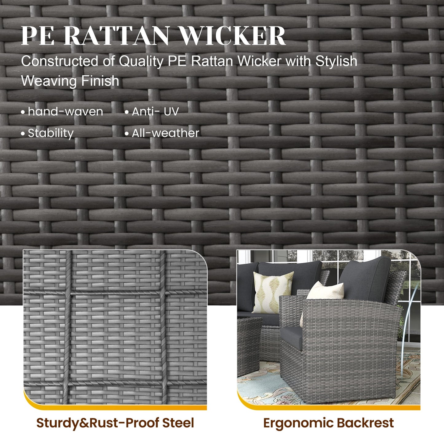 Superjoe 4 Pcs Outdoor Patio Furniture Sets, Wicker Rattan Conversation Set, Gray Rattan Black Cushion