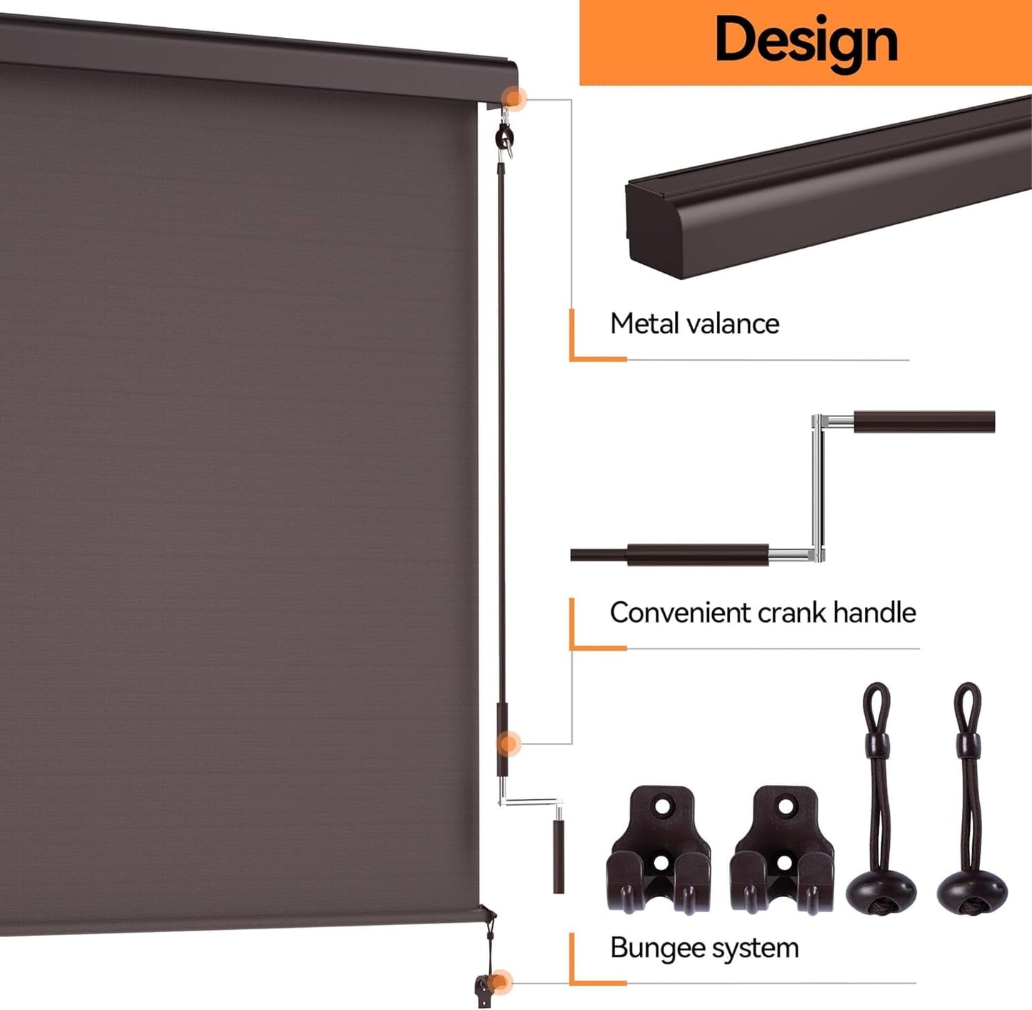 Superjoe Outdoor Roller Shades with 95% UV Blockout, 6'L x 6'W Exterior Cordless Patio Shades Roll Up Outdoor Blinds for Porch Gazebo, Blockout Waterproof Protect Privacy, Brown