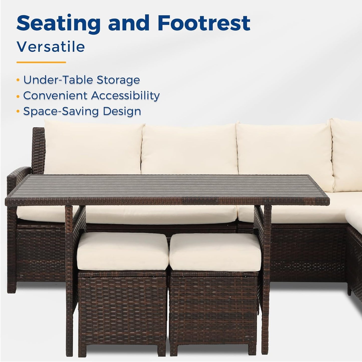 Superjoe High Curved Back 7-Piece Wicker Dining Sectional Sofa with Dining Table and Chair, Ivory