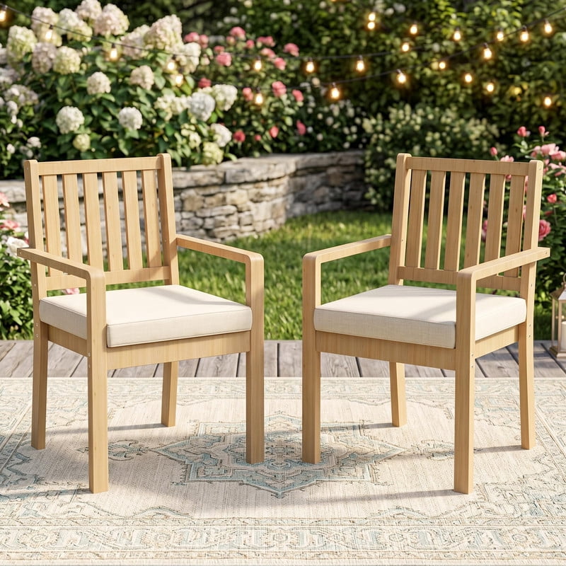 Acacia Patio Chairs Set of 2 for All-Weather, Outdoor Patio Chairs with 3.1" Thick Cushions, Wooden Porch Chairs for Deck Balcony Garden, Brown,Heynemo
