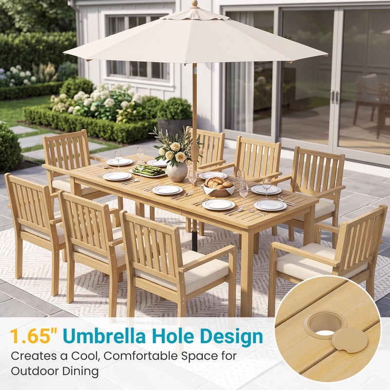 6-Piece Acacia Patio Table and Chairs Set for All-Weather, Outdoor Patio Dining Set with Umbrella Hole and Removable Cushion for 5, Durable Patio Table and Chairs Set for Garden, Heynemo