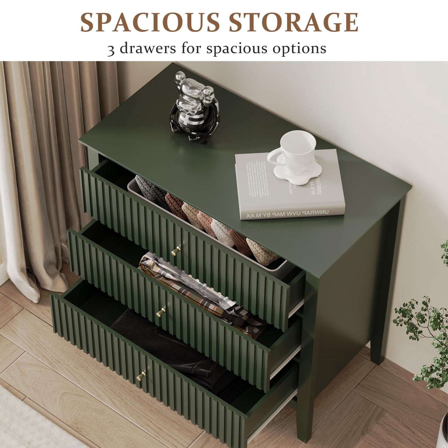 May in Color Large Fluted 3 Drawer Dresser, Wide Modern Nightstand Cabinet for Bedroom, Living Room, Entryway, Green