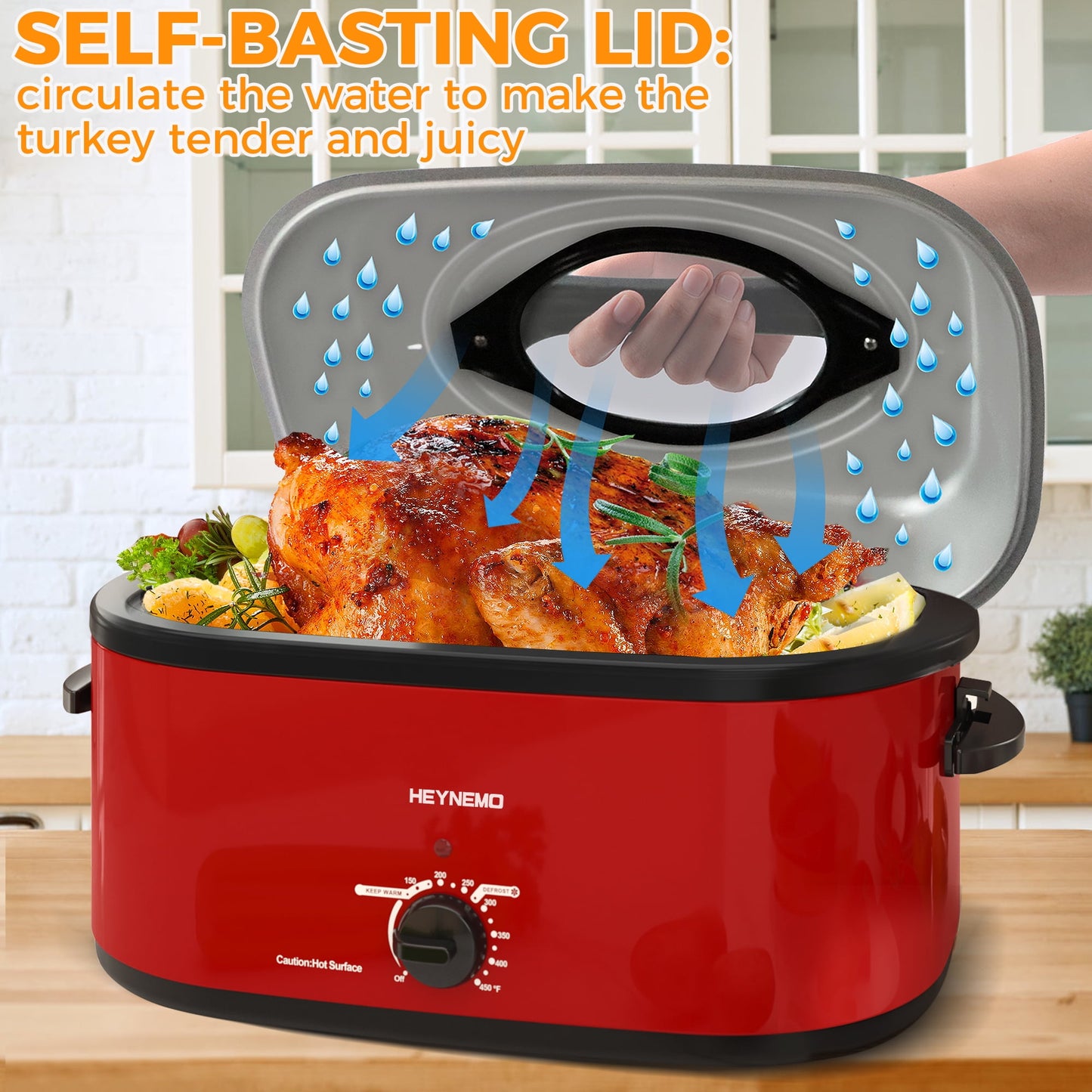 Superjoe 24 QT Electric Stainless Steel Turkey Roaster Oven, Self-Basting Lid Removable Insert Pot , Red