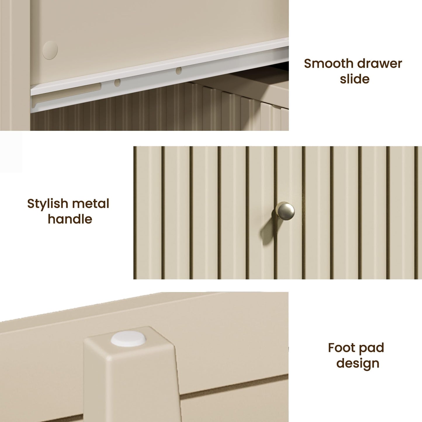 May in Color Modern Fluted Nightstand with 2 Drawers and Storage Shelf- Beige