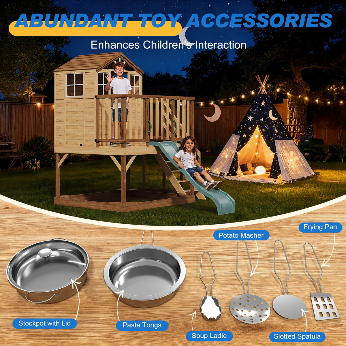 May in Color 9-in-1 Outdoor Wooden Playhouse with Slide & Sandbox - Backyard Playset for Kids Ages 3-10 - Natural Fir Play Center with Play Kitchen, Growth Chart & Safety Rails