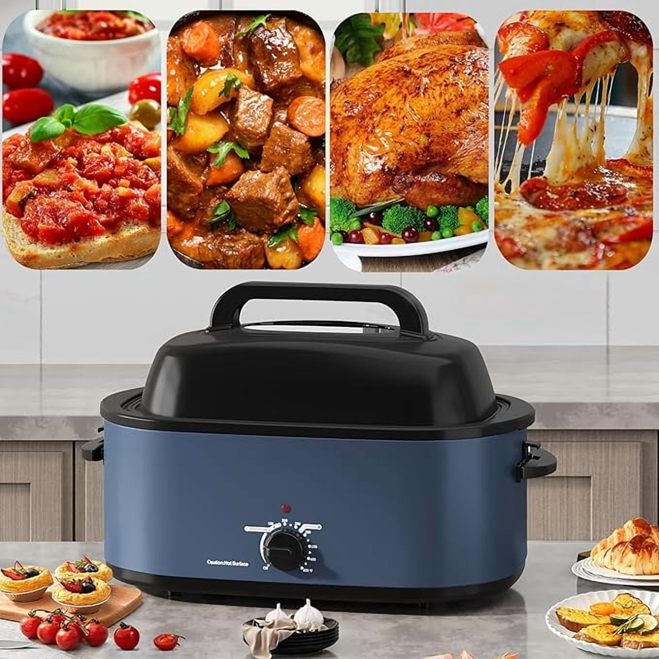 Superjoe Roaster Oven 28 Quart, Electric Roaster Oven with Visible & Self-Basting Lid, Turkey Roaster Oven with Removable Pan & Rack, Variable Temperature Control, Stainless Steel, Blue