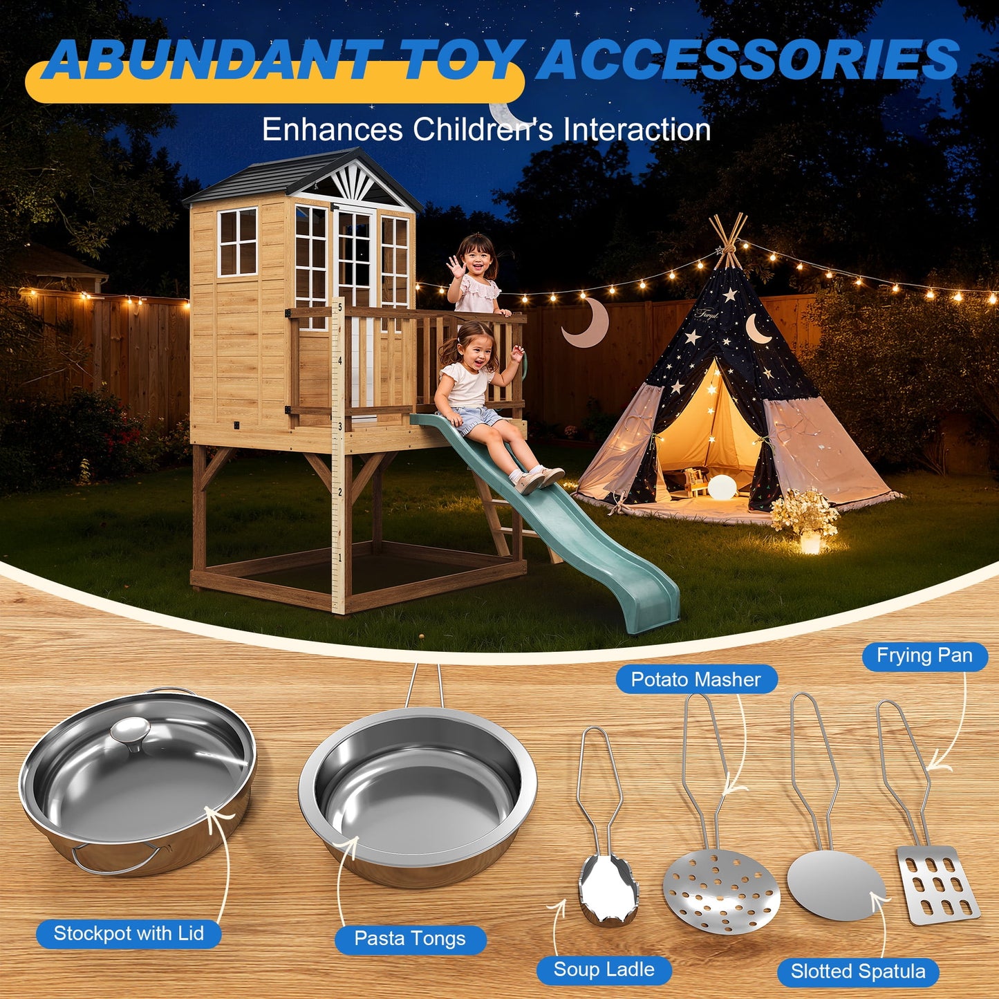 May in Color 9-in-1 Multifunctional Wooden Playhouse with Slide, Sandbox, and Kitchen - A Durable Backyard Adventure Playset for Kids Ages 3-10