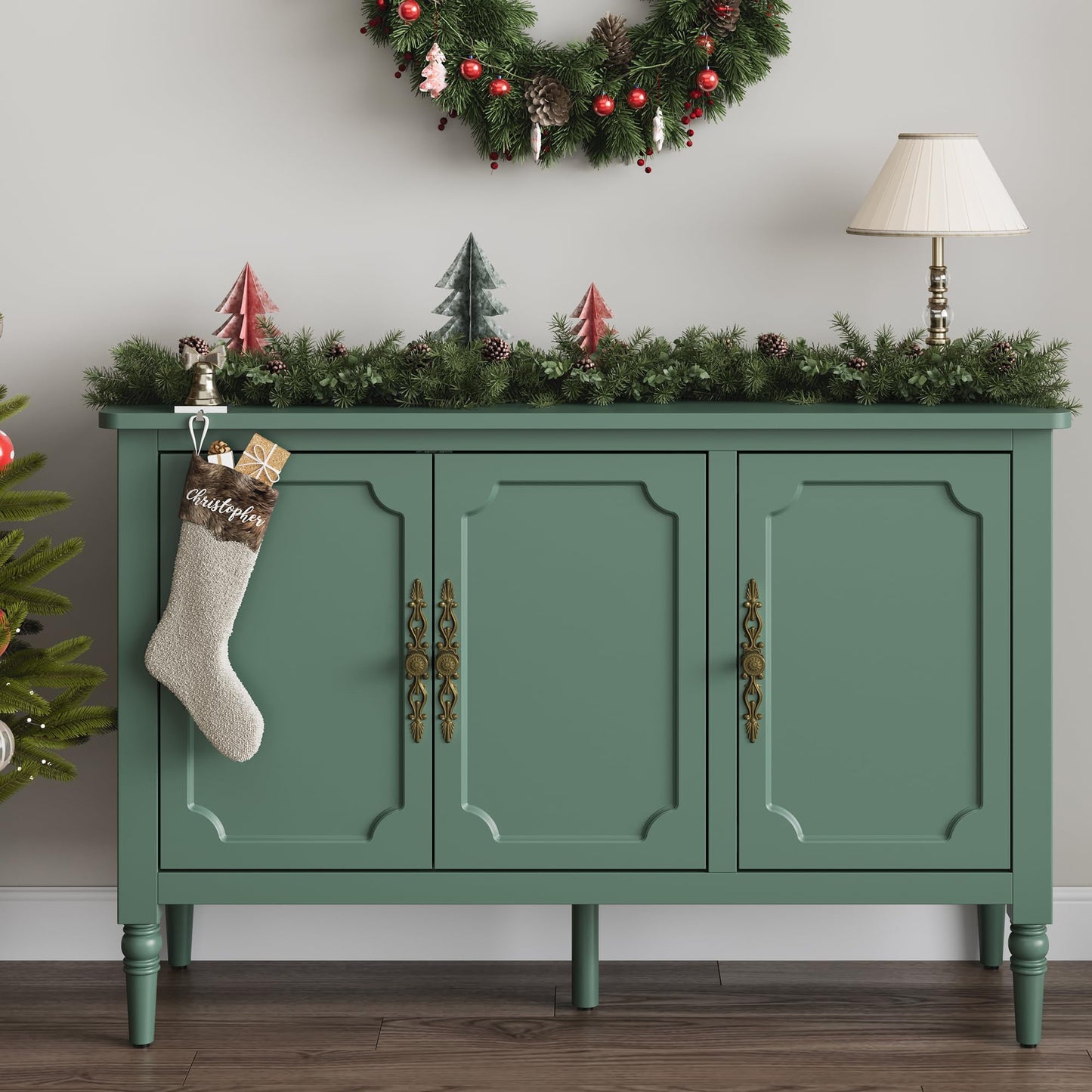 Heynemo 2 Piece Storage Cabinet with 3 Doors, Sideboard Cabinet with Adjustable Shelves, Wood Buffet Cabinet with Turned Legs, Accent Cabinet for Entryway, Living Room, Dining Room, Green